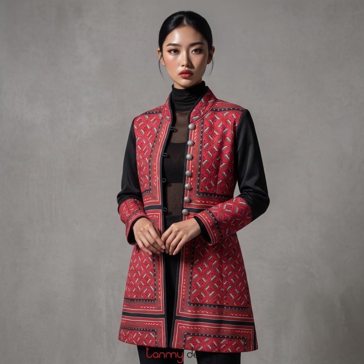 Long A-line quilted coat in orange-red printed fabric